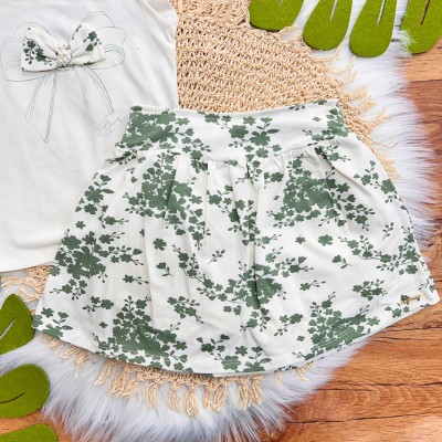 Conj. Regata Laço e Short Saia Floral - Off White e Verde